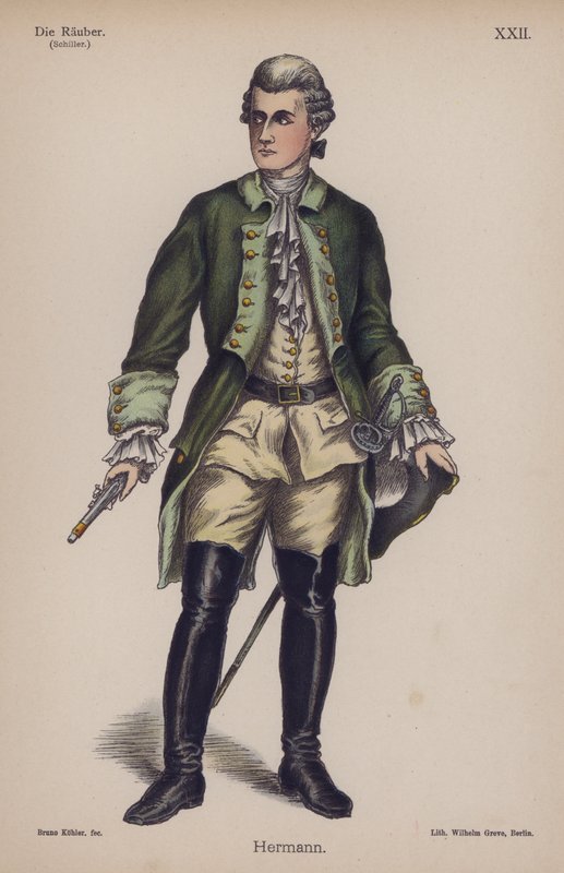Hermann, från Die Rauber (Rånarna) av Friedrich Schiller (färg litho) av German School