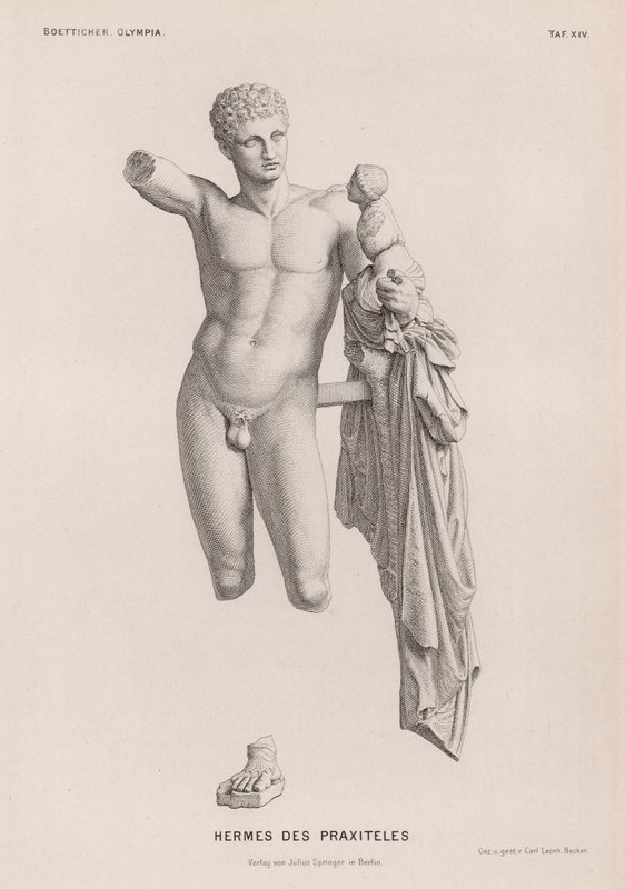 Hermes och spädbarnet Dionysos, skulptur tillskriven Praxiteles utgrävd i Olympia, Grekland (gravyr) av German School