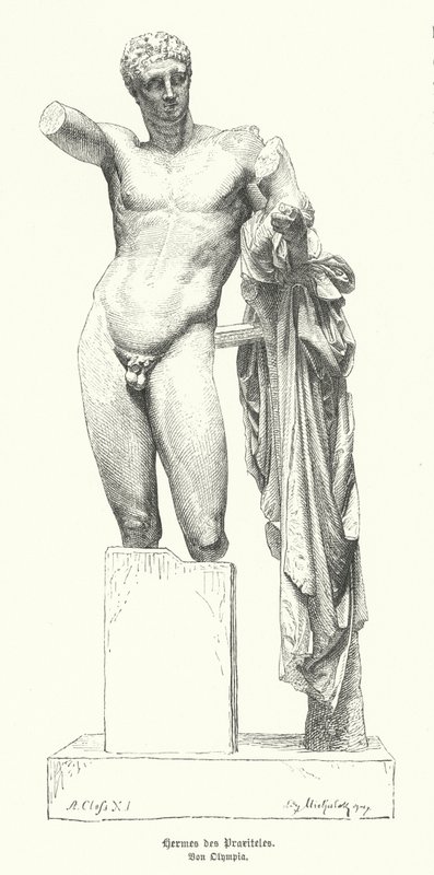 Hermes och spädbarnet Dionysos, staty av den antika grekiska skulptören Praxiteles upptäckt i ruinerna av Temple of Hera, Olympia (gravyr) av German School