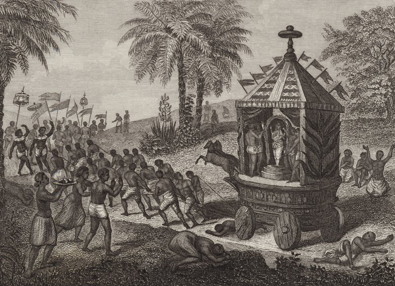 Hinduiska tillbedjare drar en bil av Juggernaut i det antika Indien. Illustration för Bilder-Atlas (gravyr) av German School