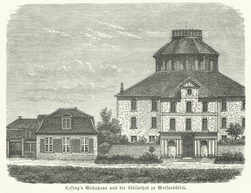 Hem för den tyske filosofen och dramatikern Gotthold Ephraim Lessing och biblioteket i Wolfenbuettel (gravyr) av German School