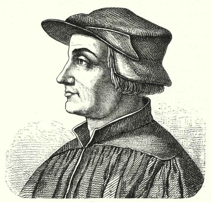 Huldrych Zwingli, ledargestalt för reformationen i Schweiz (gravyr) av German School