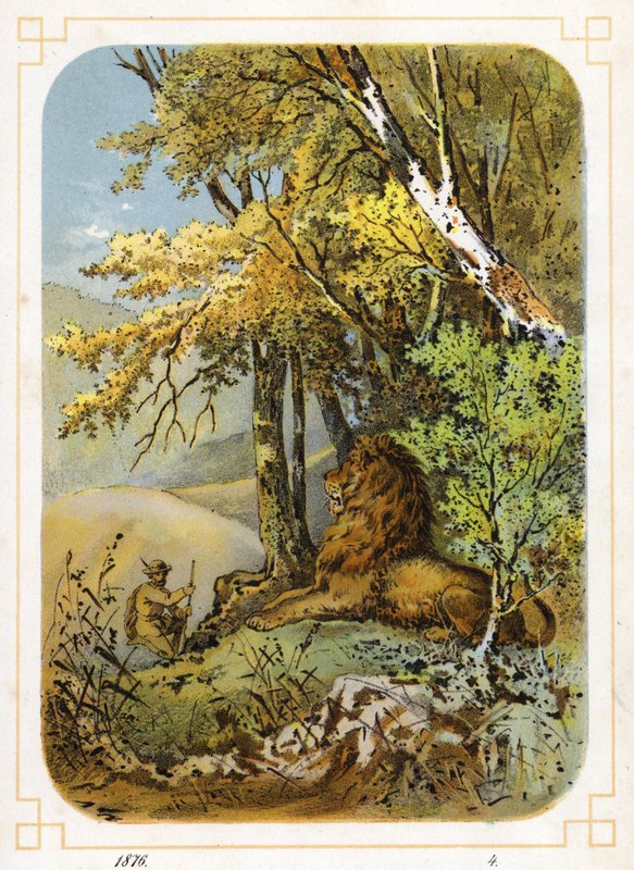 Jägare närmar sig lejon (färg litho) av German School