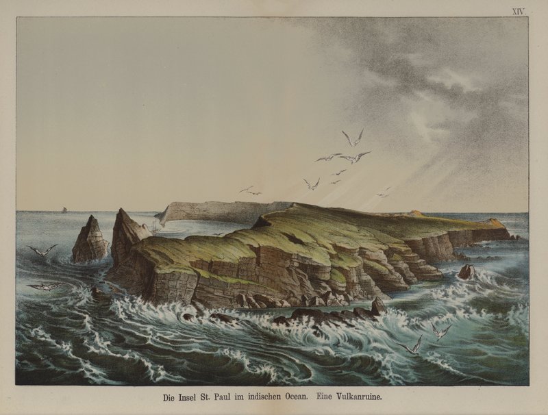Ile Saint-Paul, vulkanisk ö i Indiska oceanen (färg litho) av German School