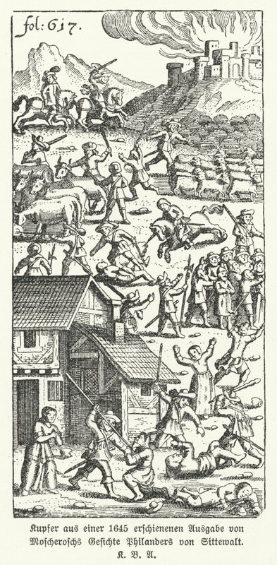 Illustration från en upplaga från 1645 av den tyske författaren Johann Michael Moscheroschs satiriska verk Wondrous and True Visions of Philander von Sittewald (litho) av German School