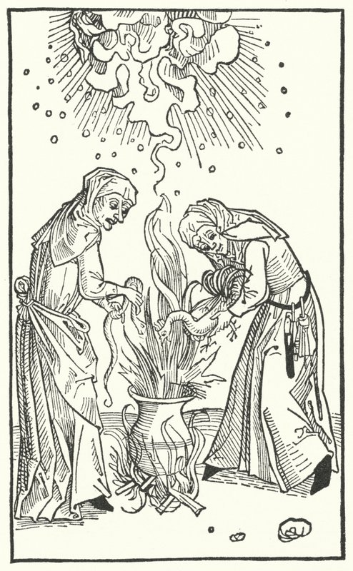 Illustration från en avhandling av Ulrich Molitor om spådomskvinnor och häxkonst (gravyr) av German School