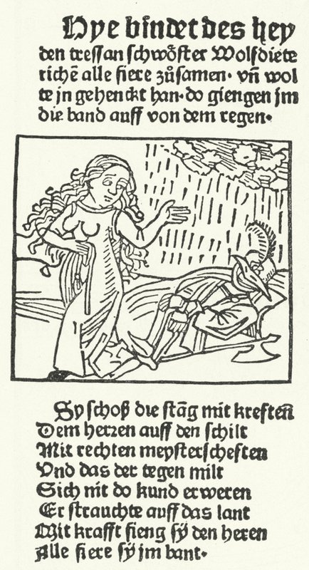 Illustration från berättelsen om den romantiske hjälten Wolfdietrich, publicerad av Hans Schoensperger i Augsburg 1491 (gravyr) av German School