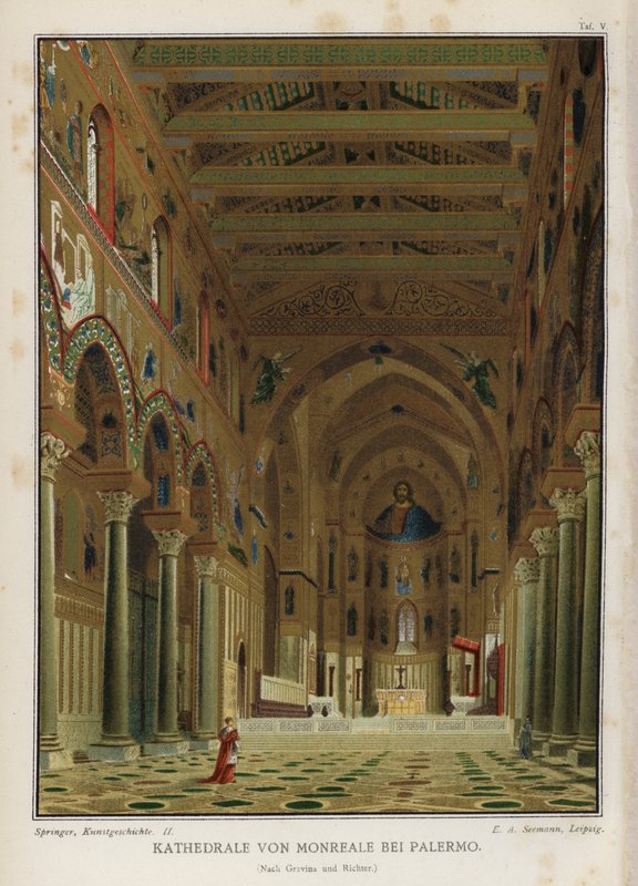 Interiör, katedralen i Monreale, Palermo, Sicilien, Italien (färg litho) av German School
