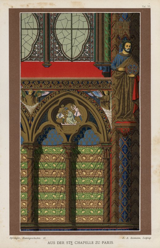 Interiördetalj från Sainte-Chapelle, Paris, Frankrike (färg litho) av German School