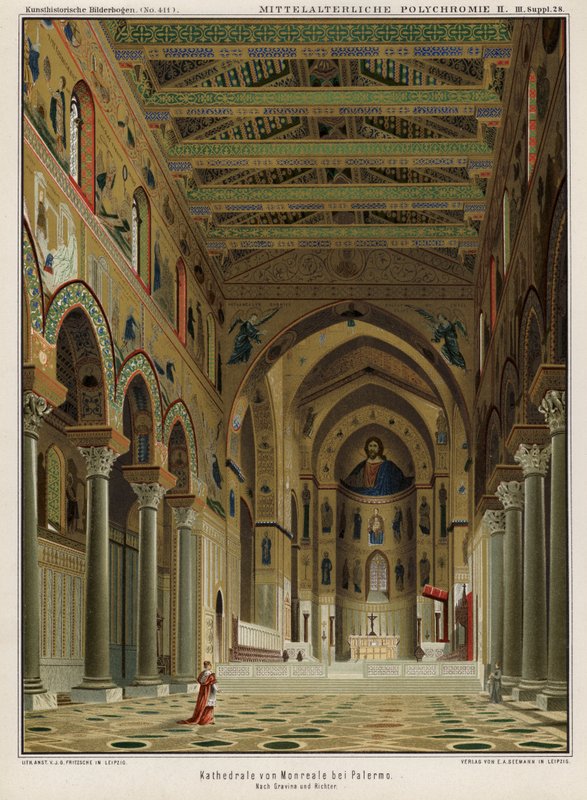 Interiör av Monreale Cathedral, Palermo, Sicilien, Italien (färg litho) av German School
