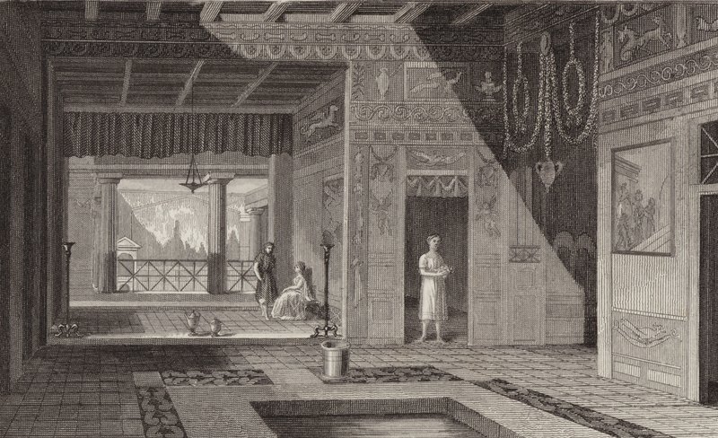 Interiör av ett romerskt hus i Pompeji. Illustration för Bilder-Atlas (gravyr) av German School