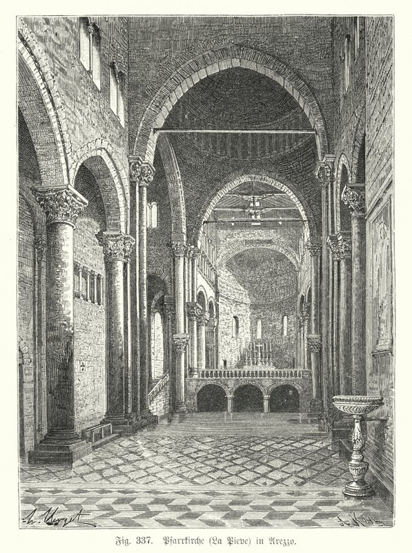 Interiör av kyrkan Santa Maria della Pieve, Arezzo, Italien (gravyr) av German School
