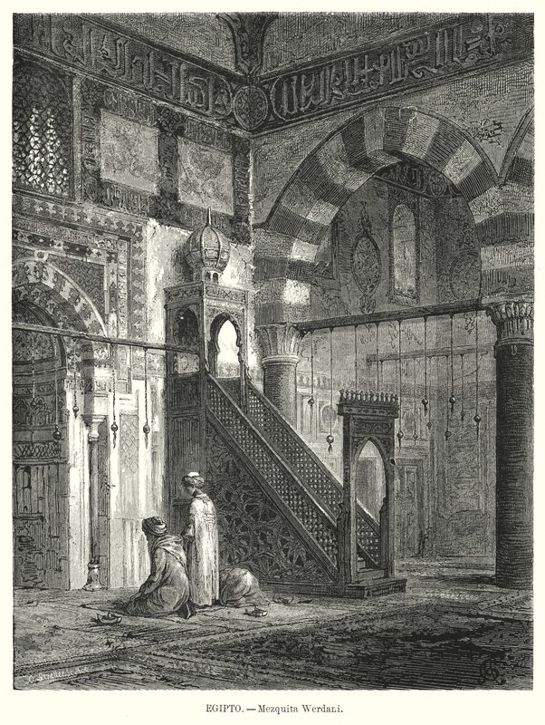 Interiör av moskén i Amir Altinbugha al-Maridani, Kairo, Egypten (litho) av German School
