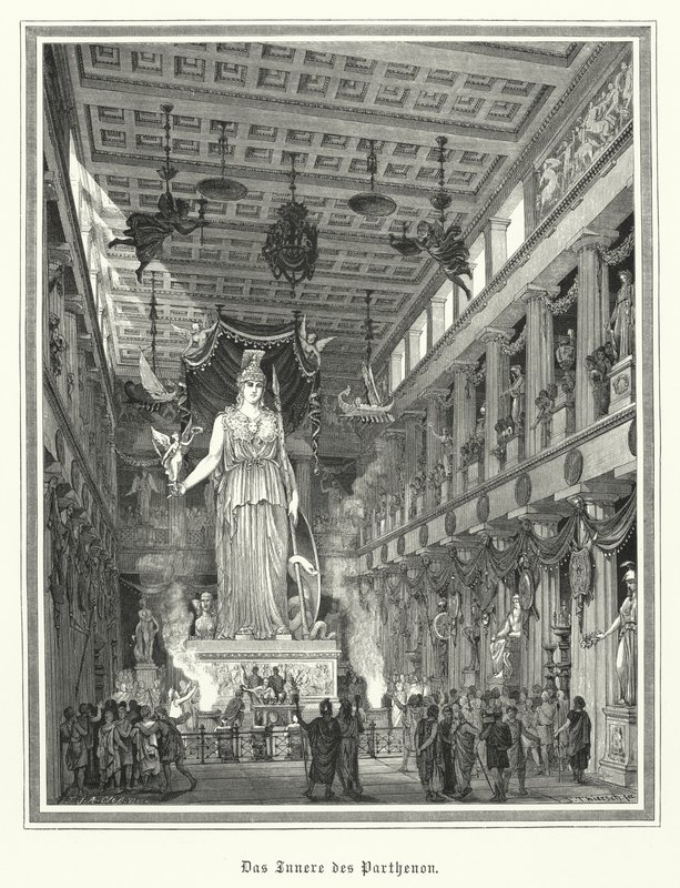 Interiör av Parthenon, Aten, med den kolossala statyn av den grekiska gudinnan Athena (gravyr) av German School