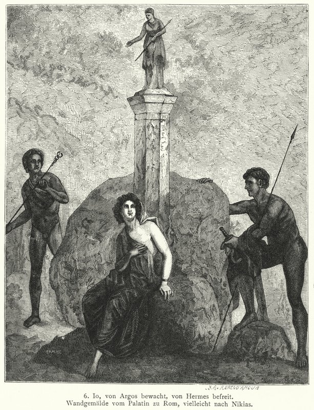 Io, bevakad av Argus Panoptes på order av gudinnan Hera, bevakad av Hermes, skickad av Zeus för att bortföra henne, romersk väggmålning (gravyr) av German School