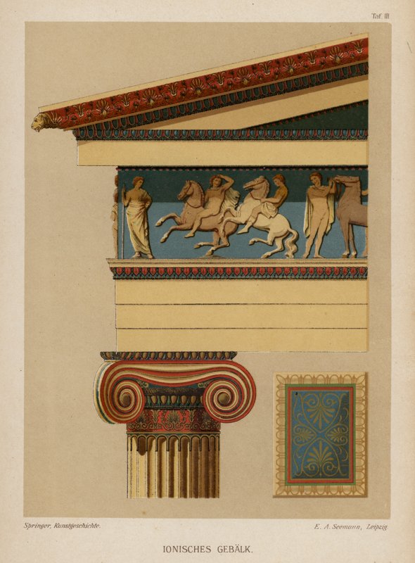 Jonisk entablatur, antik grekisk arkitektur (färg litho) av German School