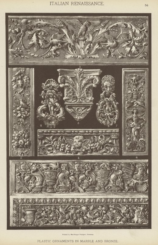 Italiensk renässans, plastdekorationer i marmor och brons (färg litho) av German School