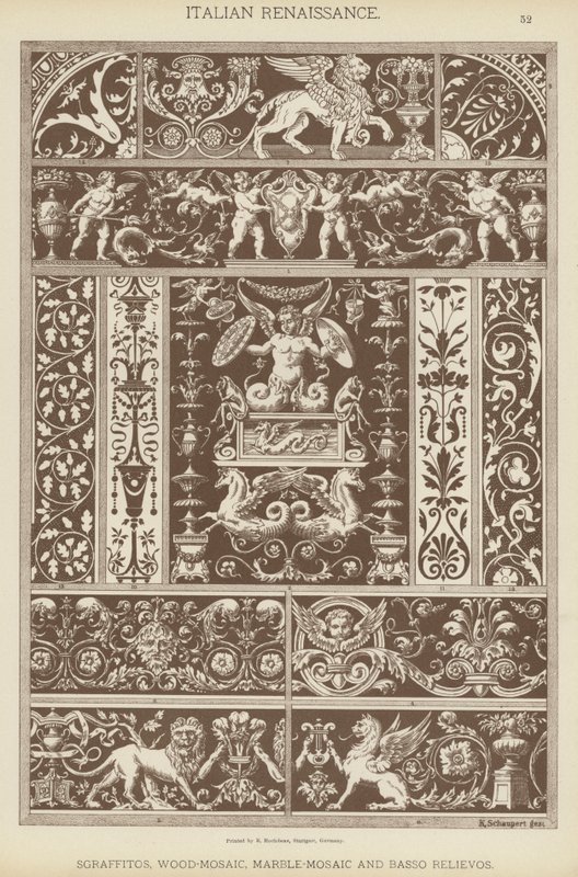 Italiensk renässans, sgraffitos, trä-mosaik, marmor-mosaik och Basso Relievos (färg litho) av German School