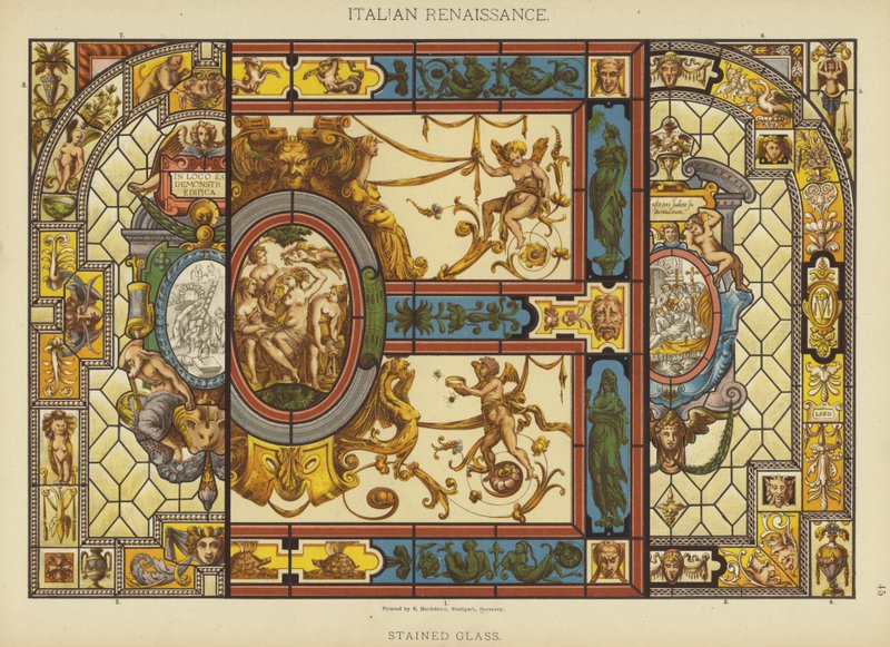 Italiensk renässans, målat glas (färg litho) av German School