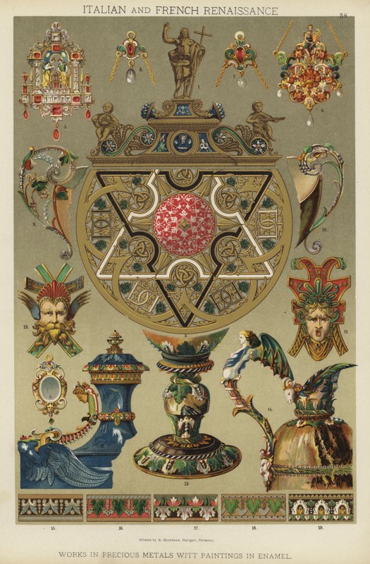 Italiensk och fransk renässans, verk i ädla metaller Witt målningar i emalj (färg litho) av German School