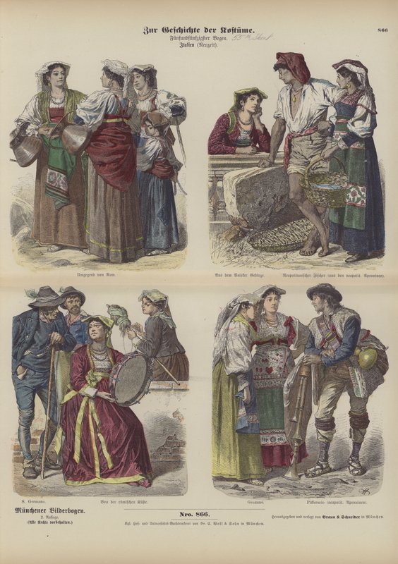 Italienska dräkter, sent 1800-tal (färgad gravyr) av German School