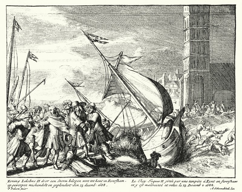 James II av England tillfångatagen av fiskare i Faversham, Kent, när han försökte fly till Frankrike av German School