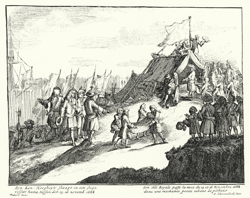 James II av England tillbringar natten den 15/16 november 1688 i en fattig fiskarkoja (gravyr) av German School