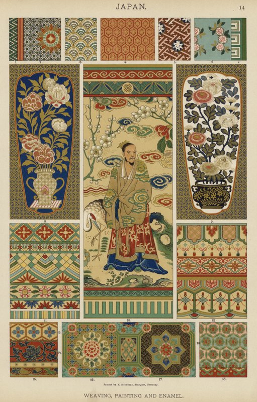 Japan, vävning, målning och emalj (färg litho) av German School