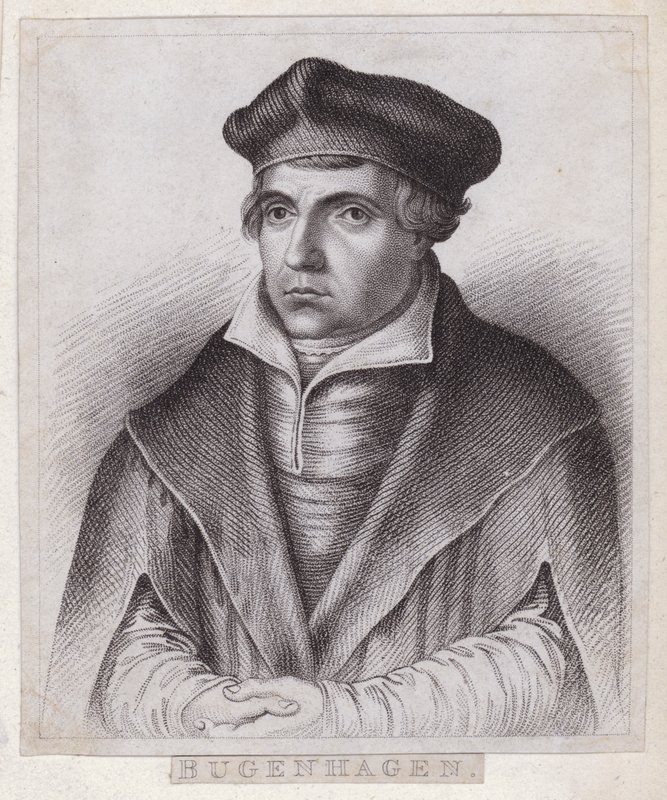 Johannes Bugenhagen (Doktor Pomeranus), tysk präst och teolog som introducerar den protestantiska reformationen till Pommern och Danmark (gravyr) av German School