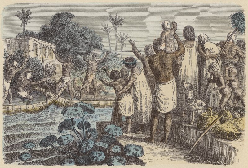 Spelning på båtar i det antika Egypten (färgad gravyr) av German School