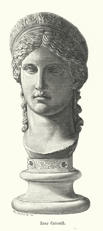 Juno Ludovisi, antikt romerskt kolossalt marmorhuvud föreställande Antonina Minor, dotter till Mark Antony och Octavia Minor, som gudinnan Juno (gravyr) av German School