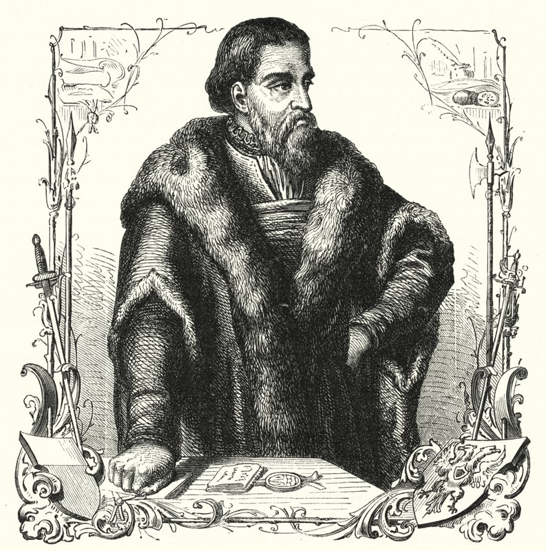Jurgen Wullenwever, borgmästare i Lübeck avrättad som förrädare och anabaptist (gravyr) av German School