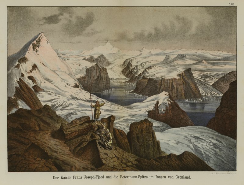 Kaiser Franz Joseph Fjord och Petermann Peak, Grönland (färg litho) av German School