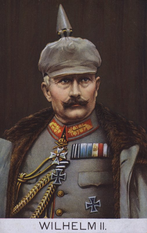 Kejsar Wilhelm II av Tyskland i militäruniform (färglitografi) av German School