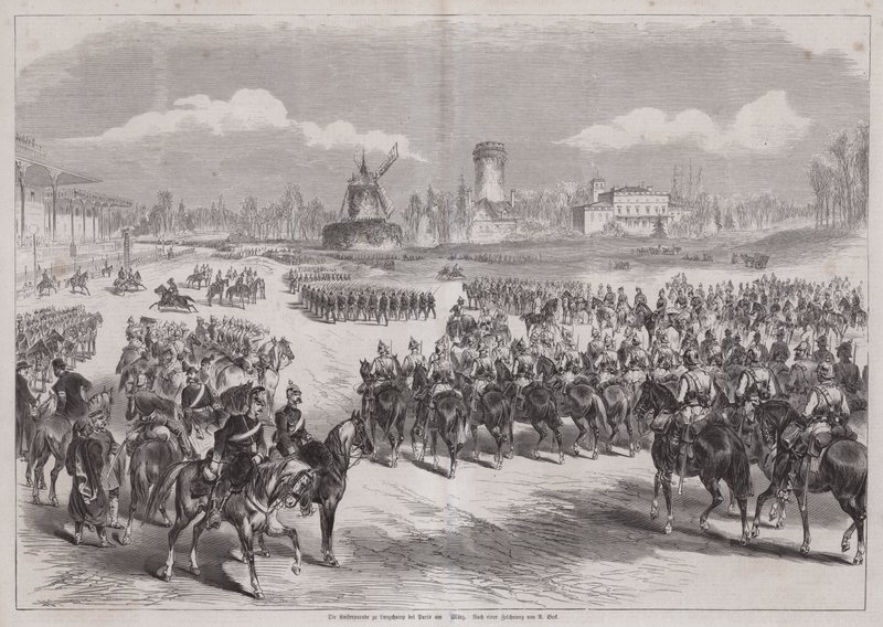 Kaiser Wilhelm I av Tyskland tittar på sin arméparad i Longchamp, Paris, Frankrike, mars 1871 (gravyr) av German School