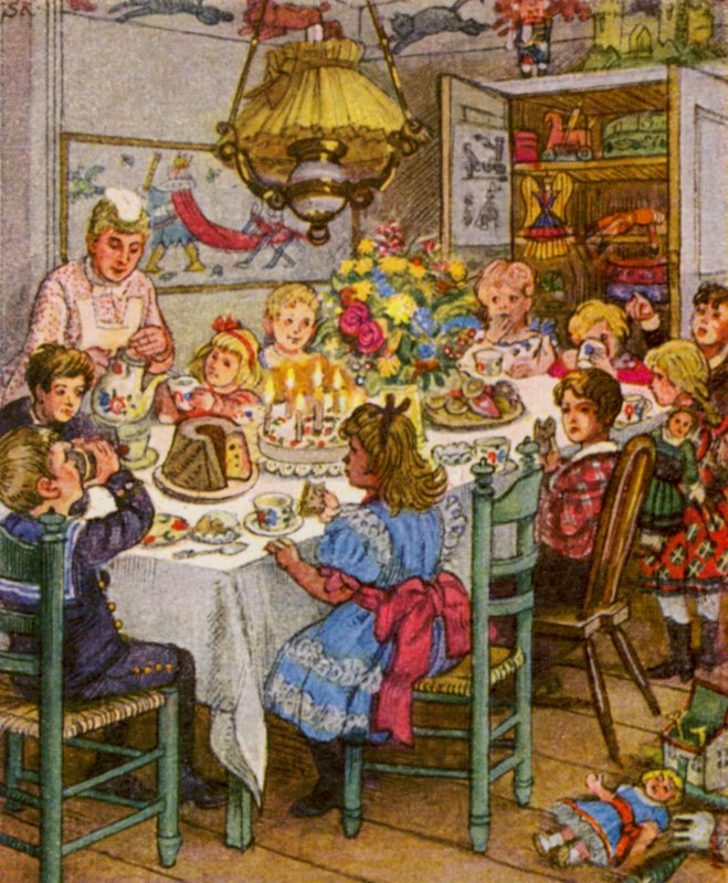Kindergeburtstag / Barnens födelsedag (färglitografi) av German School