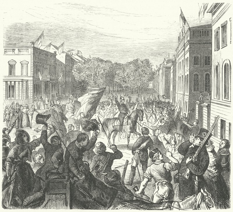 Kung Fredrik Vilhelm IV av Preussen rider förbi Berlins universitet på väg för att delta i en massbegravning av civila dödade i upplopp, 21 mars 1848 (gravyr) av German School