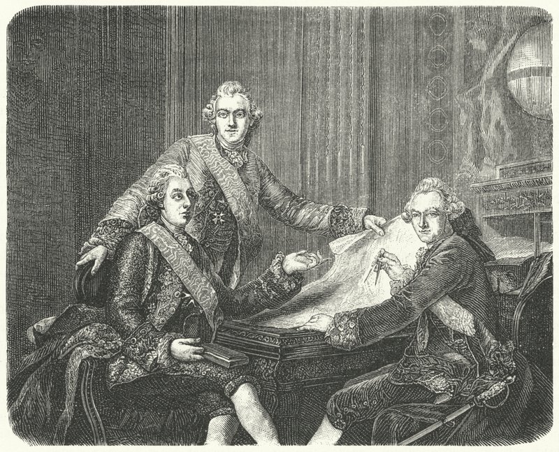 Kung Gustav III av Sverige i samråd med sina bröder Karl och Fredrik Adolf (gravyr) av German School
