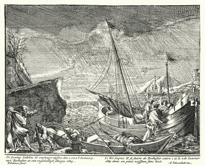 Kung James II flyr England och lämnar Rochester i en liten båt av German School