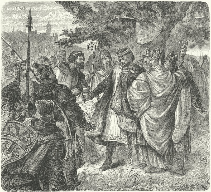 Kung John går med på Magna Carta, Runnymede av German School