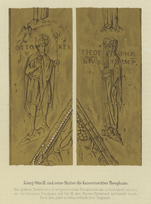 Kung Otto III och hans mor Theophania, kejsarinna gemål av Otto II, helig romersk kejsare (färg litho) av German School
