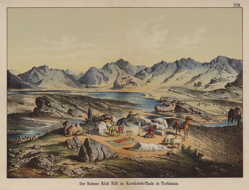 Kiuk Kiol saltsjö i Karakash Valley, Turkestan (färg litho) av German School