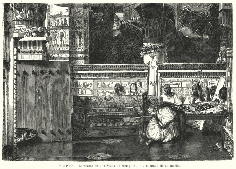 Klagoång från en änka bredvid sin mans kista i Memphis, forntida Egypten (litho) av German School