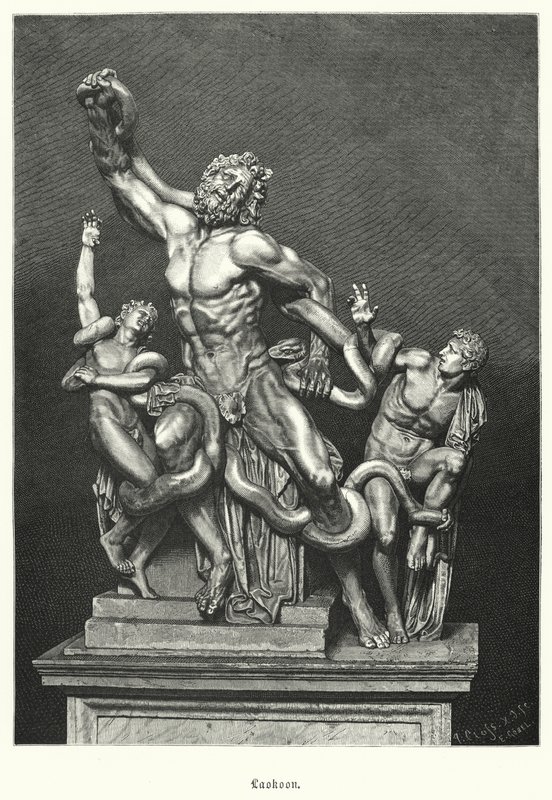 Laocoon och hans söner, antik grekisk eller romersk skulptur utgrävd i Rom 1506 (gravyr) av German School