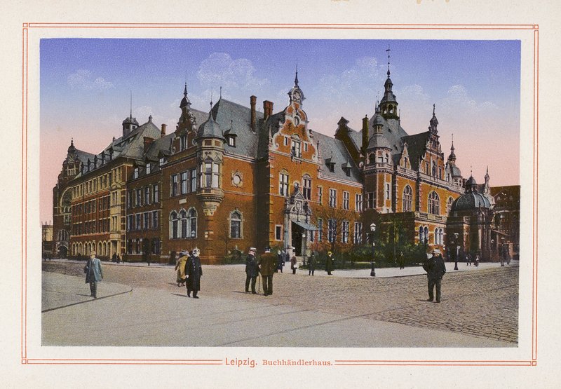 Leipzig, bokhandelns hus (färglitografi) av German School