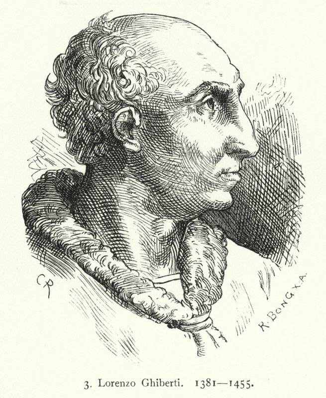 Lorenzo Ghiberti, florentinsk tidig renässanskonstnär som designade bronsdörrarna till dopkapellet i Florens (gravyr) av German School