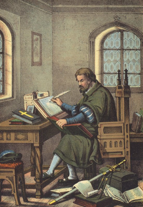 Luther förklädd till Junker Jorg i Wartburgs översättning av Nya Testamentet (chromolitho) av German School