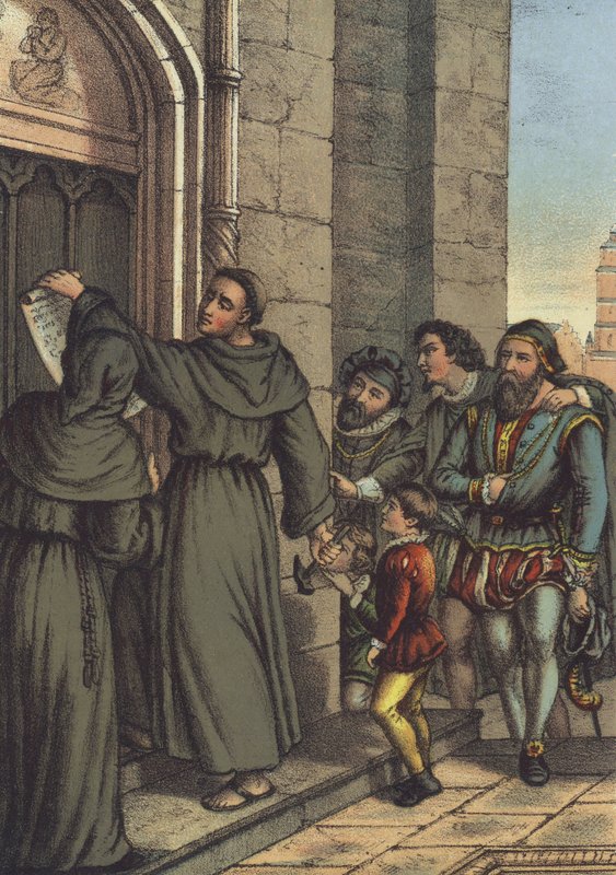 Luther spikar sina 95 teser på dörren till Allhelgonakyrkan, Wittenberg (chromolitho) av German School