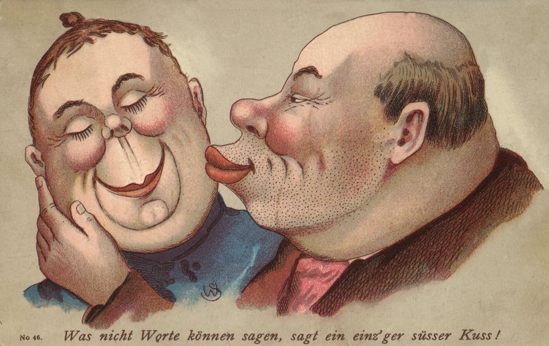 Man som kysser sin fru (färg litho) av German School