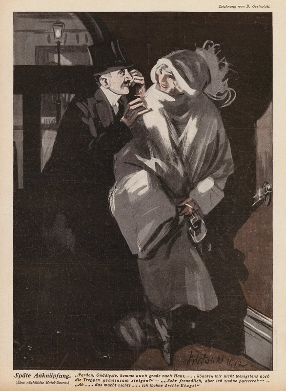 Man föreslår en ung kvinna (litho) av German School